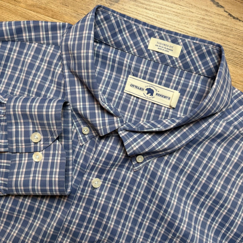 Onward Reserve Button Down Mens XXL Blue Plaid Tailored Fit Performance Shirt